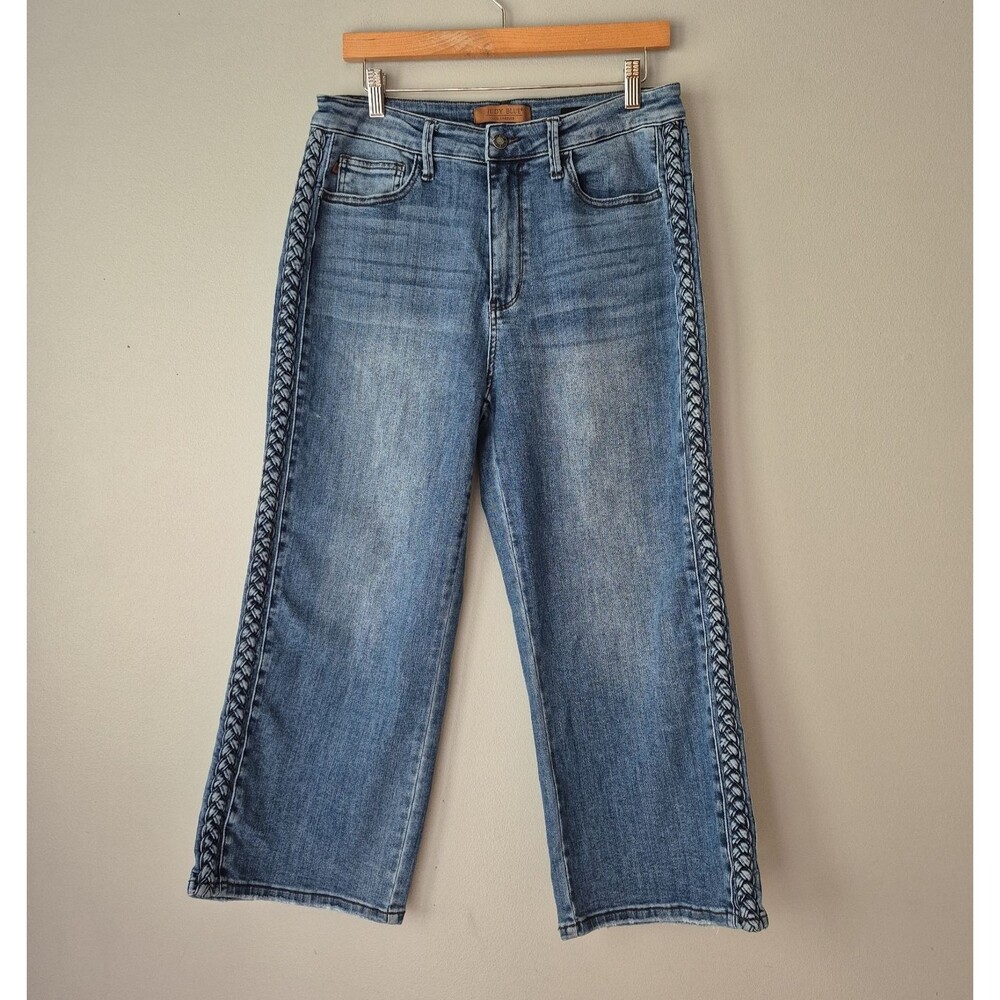 Judy Blue Medium Wash Braided High Waist Cropped Wide Leg Jeans Womens 13 EUC
